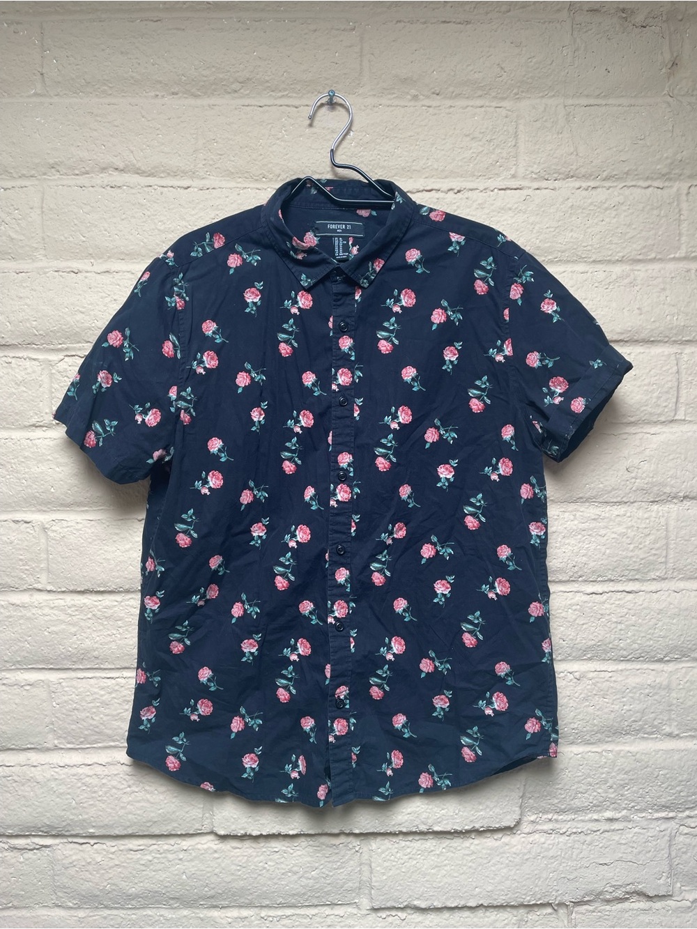 Forever 21 Navy Short-Sleeve Button-Down with Pink Floral Print